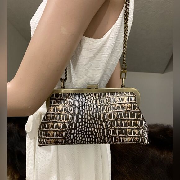 Genuine Leather Croc-Embossed Texture Push-lock Clutch/Shoulder Bag/Crossbody - Picture 1 of 16